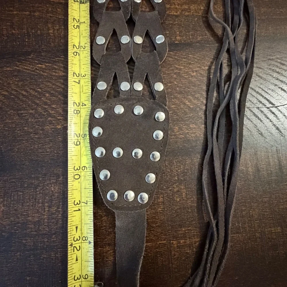 Woven Suede Studded Fringe Tie Waist Belt Brown OS Boho Western Festival Cincher